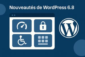 Illustration moderne représentant l’évolution de WordPress 6.8 avec des icônes de performance, sécurité, accessibilité et design.