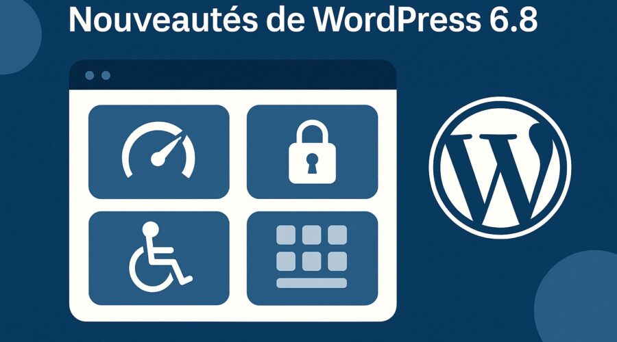 Illustration moderne représentant l’évolution de WordPress 6.8 avec des icônes de performance, sécurité, accessibilité et design.