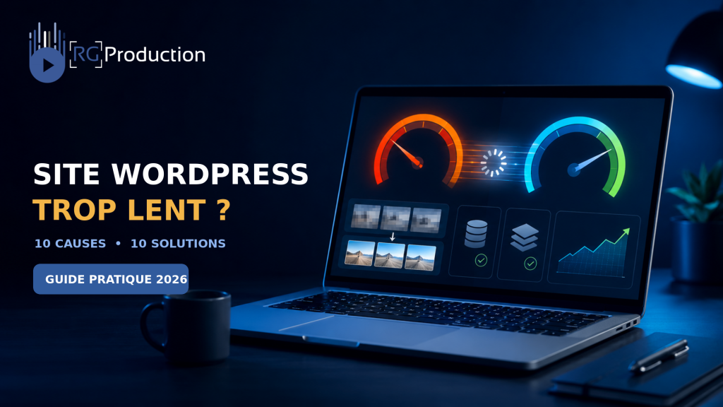 Ordinateur comparant un site WordPress lent et un site optimisé – RG Production